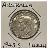 Silver 1943S Australia Florin