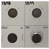 1898, 99, 1900, 01 Indian Cents