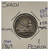 Silver 1869 Spain Peseta
