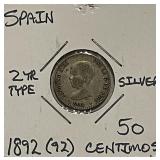Silver 1892 Spain 50 Centimos