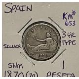 Silver 1870 Spain Peseta