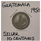 Silver 1950 Guatemala 10 Centavos