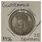 Silver 1956 Guatemala 25 Centavos