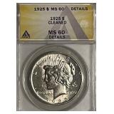 Cert. MS60 1925 PEACE Dollar