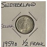 Silver 1959 Switz. 1/2 Franc