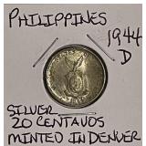 Silver 1944D Philippines 20c