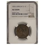 Cert. AU58 BN Upright 5 1856 Cent