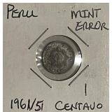 ERROR Coin Peru 1961 over 51 Centavo