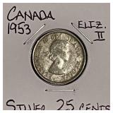 Silver 1953 Canada 25 Cents