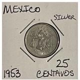 Silver 1953 Mexico 25 Centavos