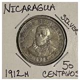 Silver 1912H Nicaragua 50 Centavos