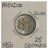 Silver 1950 Mexico 25 Centavos