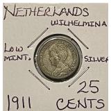 Silver 1911 Netherlands 25 Cents