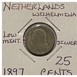 Silver 1897 Netherlands 25 Cents