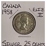 Silver 1958 Canada 25 Cents