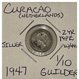 Silver 1947 Curacao 1/10 Guilder