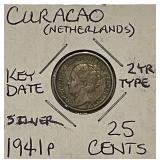 Silver KEY Date 1941P Curacao 25 Cents