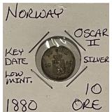 Silver KEY Date 1880 Norway 10 Ore