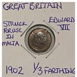 1902 Gr.Brit. 1/3 Farthing used in Malta