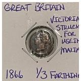 1866 Gr.Brit. 1/3 Farthing used in Malta