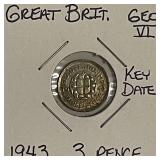 Silver 1943 KEY Date Gr.Brit 3 Pence