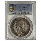 Cert. AU58 1888A Prussia Silver 5 Mark