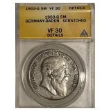 Cert. VF30 1903G Baden Silver 5 Mark