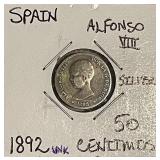 Silver 1892 Spain 50 Centimos