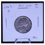 1963-D  JEFFERSON NICKEL ERROR BAR OVER 6