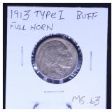 1913 TYPE I BUFFALO NICKEL FULL HORN MS63