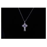 STERLING AMETHYST AND PERIDOT CROSS ON LINK CHAIN