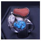 UNMARKED STERLING TURQUOISE AND CORAL RING