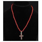 CORAL BEADS WITH CORAL& STERLING CROSS 925 CLASP