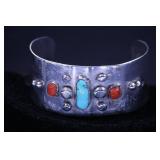 OLD PAWN TURQUOISE AND CORAL STERLING SILVER BRACE