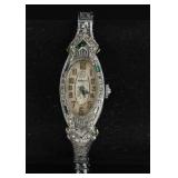 SILVER TONE LADIES WATCH WITH EMERALD AND TOPAZ