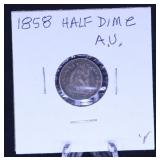 1858 HALF DIME IN ALMOST UNC CONDITION
