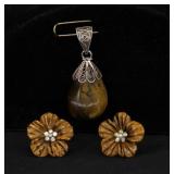 TIGEREYE PENDANT AND HAND CARVED EARRINGS