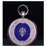 EUGENE PERRET GOLD TONE & BLUE ENAMEL POCKETWATCH