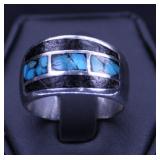 INLAID JET AND TURQUOISE IN STERLING