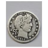 Partial Liberty Silver 1914 Barber Quarter