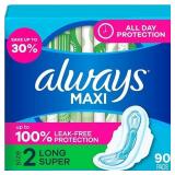 90ct Always Maxi Long Pads, Unscented - Size 2