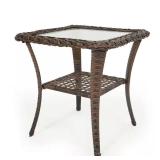 Wicker Side Table w/Shelf & Glass Top 19.7x19.7in