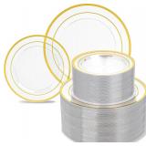 200pc Clear Plates w/Gold Rim 10in-7in