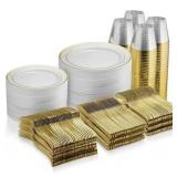 600pc Gold Rim Dinnerware Set: Plates & Cups