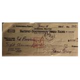 Zane Grey signed check dated 1928
