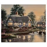 Vintage Cottage by the Pond with Swans Art Print