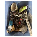 blue plastic storage bin filled with a