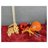 Home Depot hat, a drill, play tools foam pretend