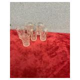 Six vintage clear press, glass tumblers