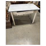 Enamel table, top with wooden stand
